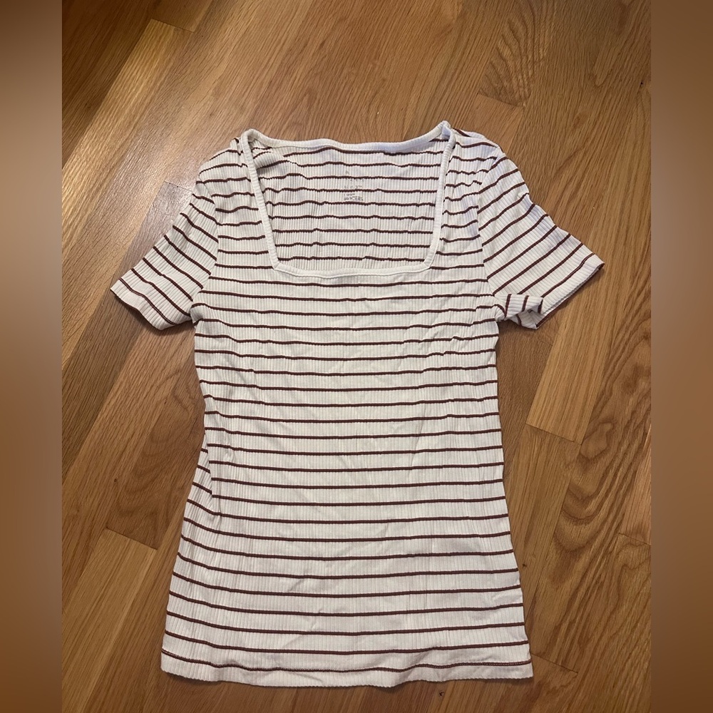 a new day White Short Sleeve Ribbed Square Neck Tee with Burgundy Stripes